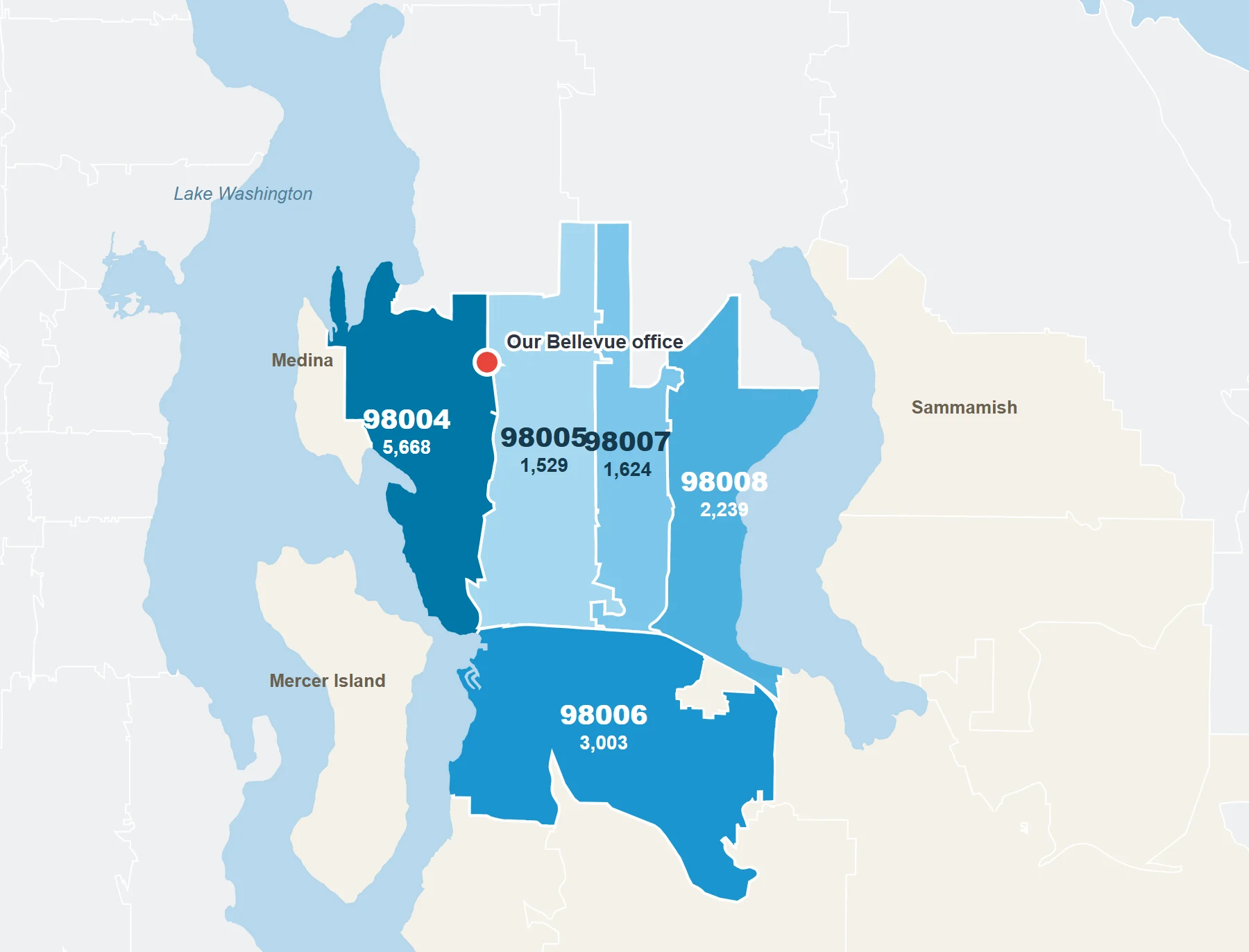 Map of Bellevue ZIP codes shaded by the number of homes Rain City Maids has cleaned, with the Bellevue office marked