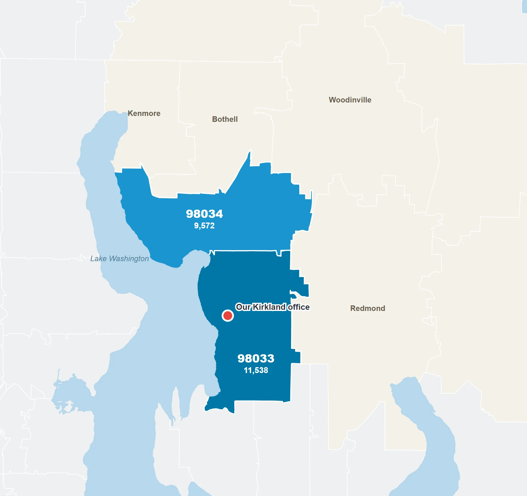 Map of Kirkland ZIP codes shaded by the number of homes Rain City Maids has cleaned, with the Kirkland office marked