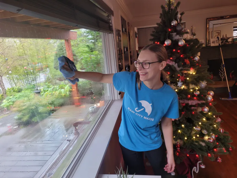 A Rain City Maids cleaner washing a window