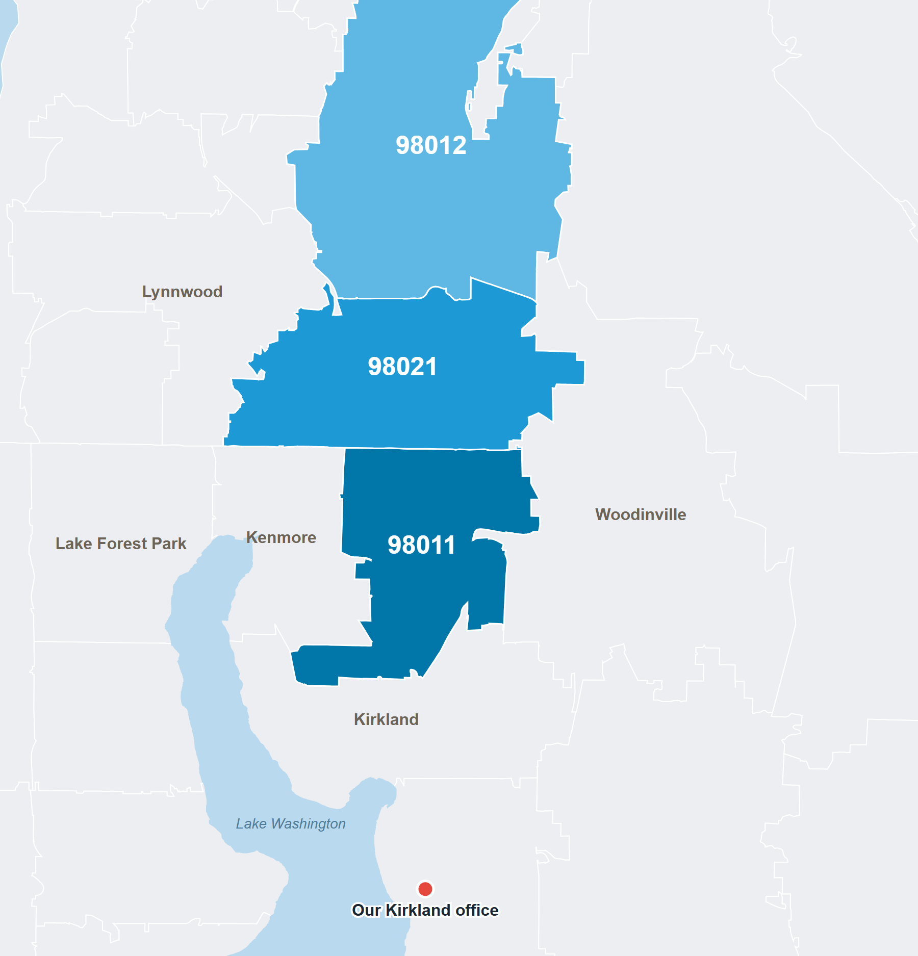 Map of Bothell ZIP codes 98011, 98021 and 98012 shaded by how much Rain City Maids cleans there, with the north end of Lake Washington and the Kirkland office that serves Bothell