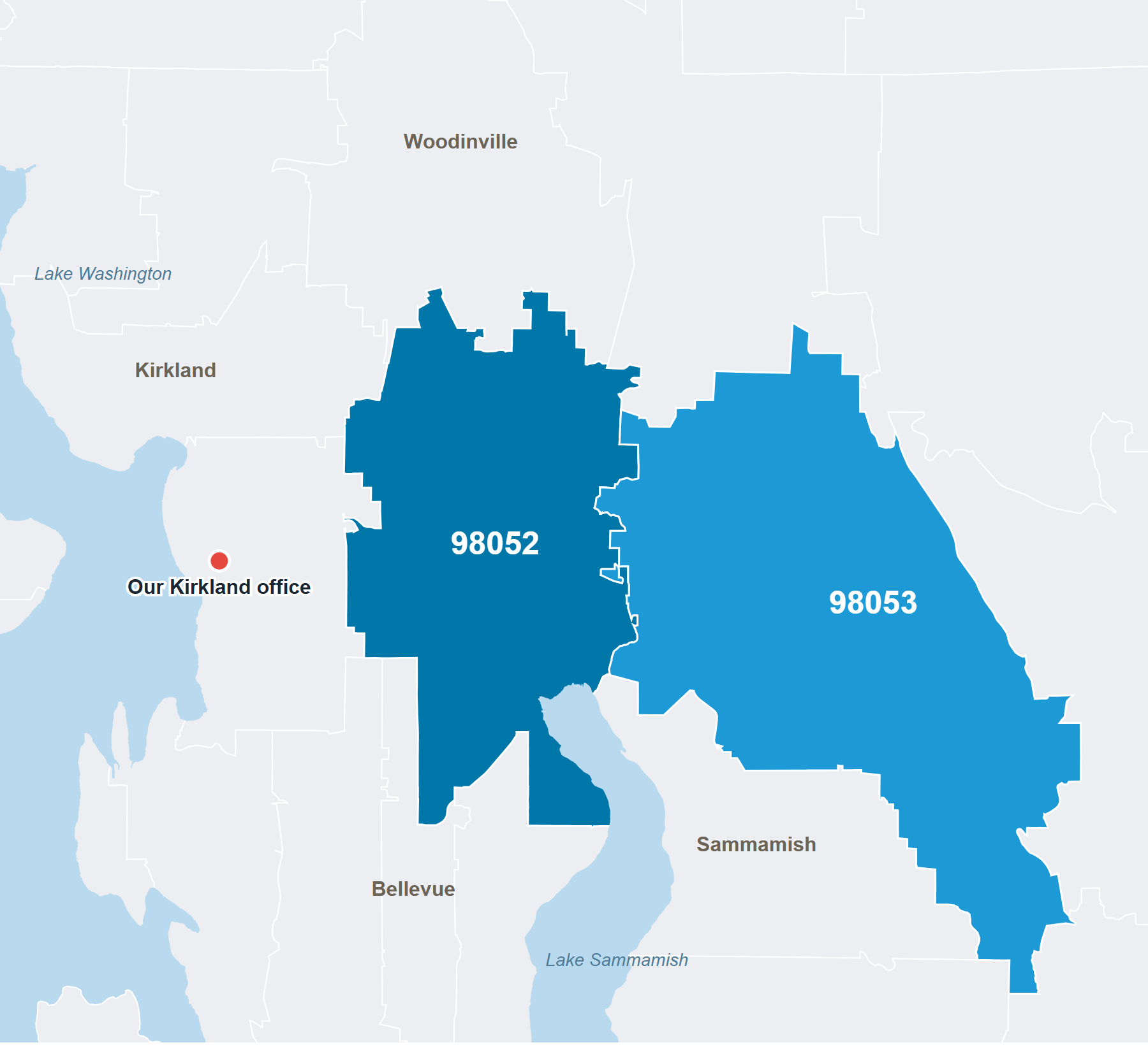 Map of Redmond ZIP codes 98052 and 98053 shaded by how much Rain City Maids cleans there, with Lake Sammamish and the Kirkland office that serves Redmond